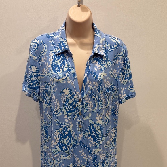 Lilly Pulitzer Peri Turtley Polo Women Size L Dress Sadie Blue White Gold Button - Picture 5 of 13